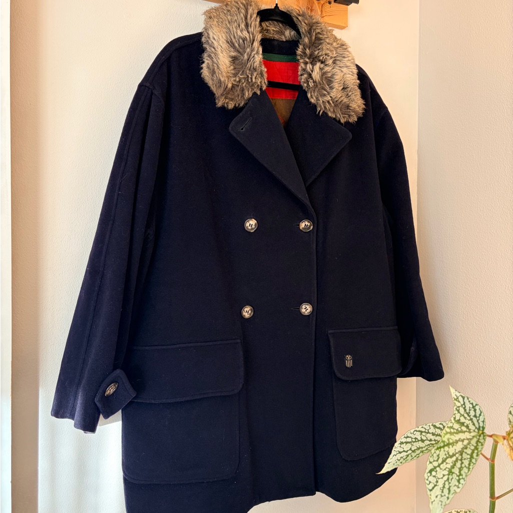 Vintage 1980s Valentino Sport Black Wool Pea Coat With Faux Fur Collar